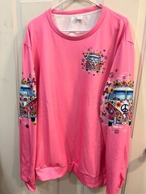 Pink Graphic Long-Sleeve Jersey Top with Vintage Bus Print